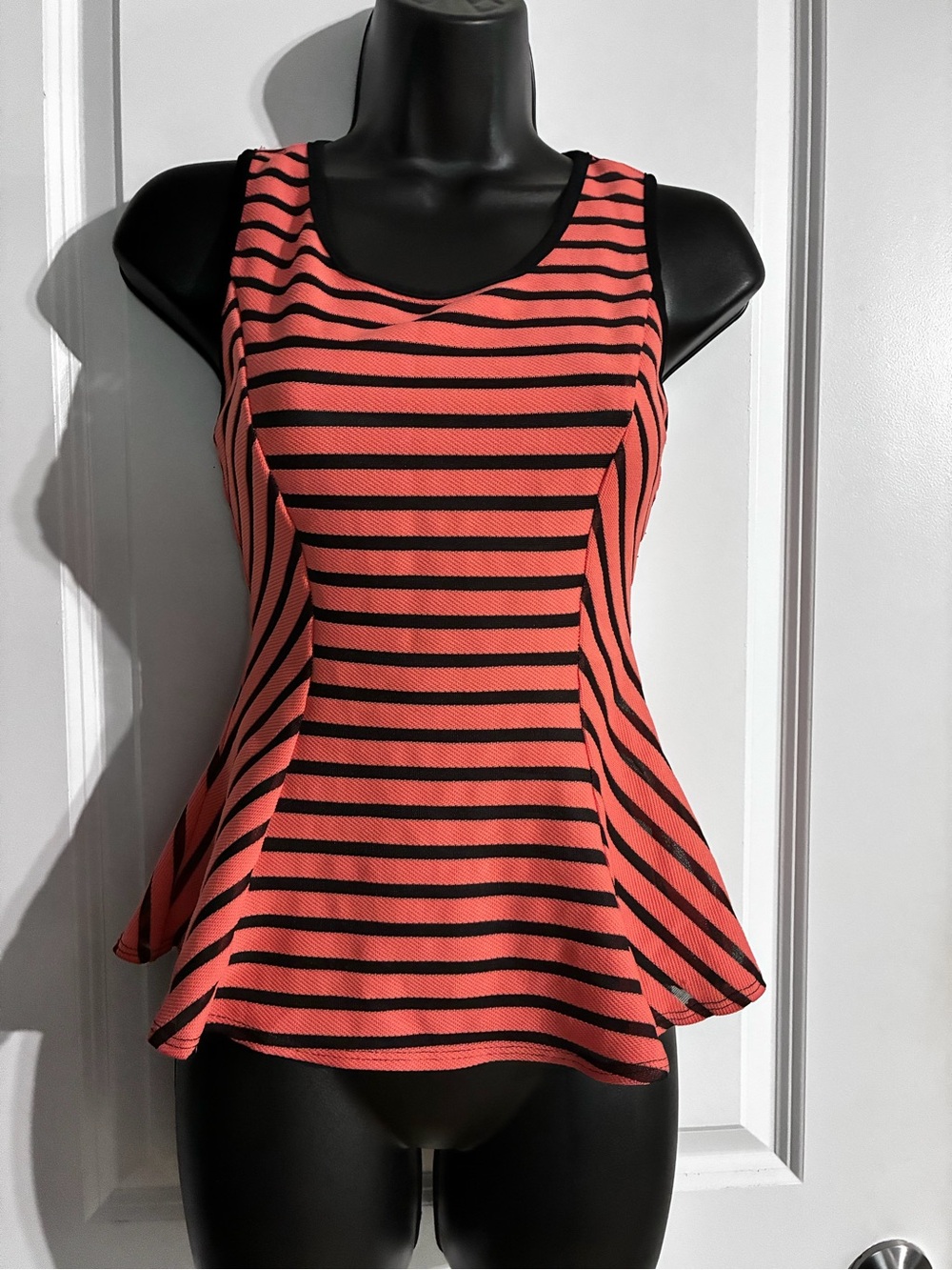 Shasa Coral and Black Striped Peplum Tank